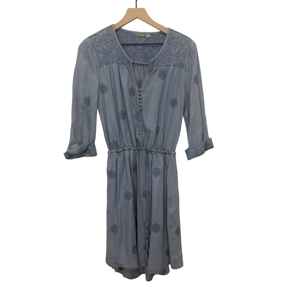Holding Horses Anthropologie Chambray Embroidered Tencel Dress Blue XS Peacock